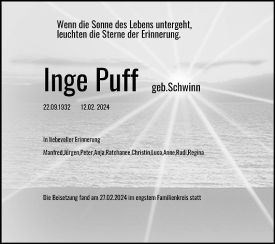 Traueranzeige von Inge Puff von Schwetzinger Zeitung