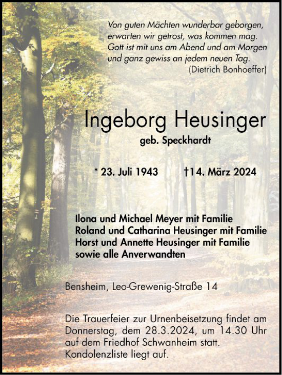 Traueranzeige von Ingeborg Heusinger von Bergsträßer Anzeiger