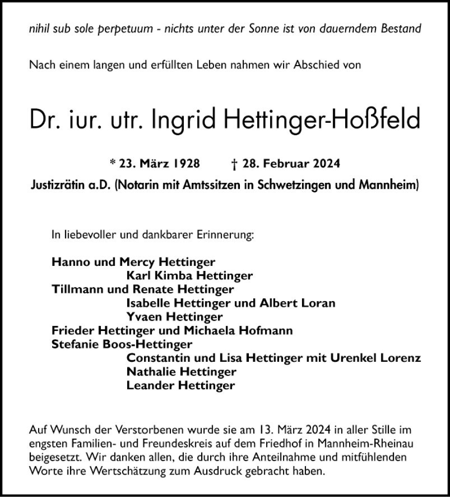  Traueranzeige für Ingrid Hettinger-Hoßfeld vom 23.03.2024 aus Mannheimer Morgen