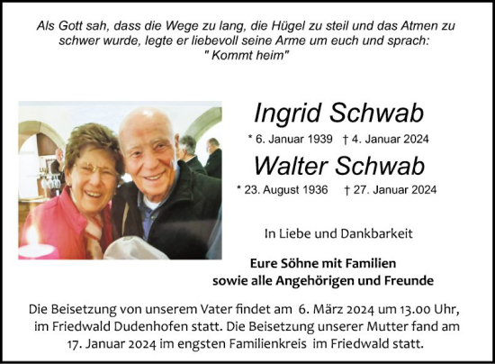 Traueranzeige von Ingrid Schwab von Schwetzinger Zeitung