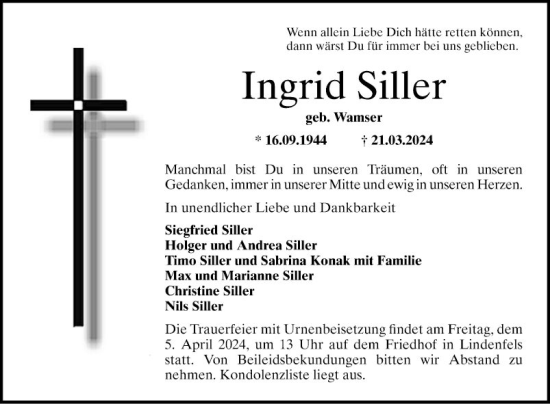 Traueranzeige von Ingrid Silier von Bergsträßer Anzeiger