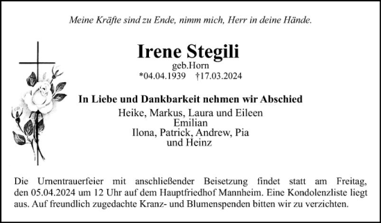 Traueranzeige von Irene Stegili von Mannheimer Morgen