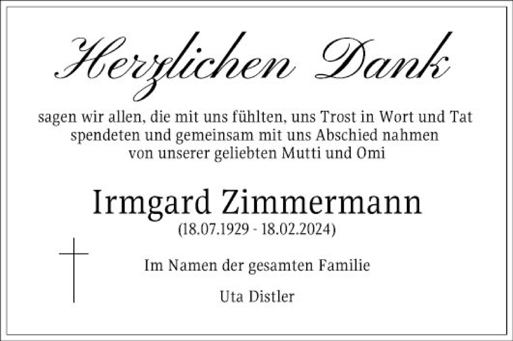  Traueranzeige für Irmgard Zimmermann vom 23.03.2024 aus Bergsträßer Anzeiger