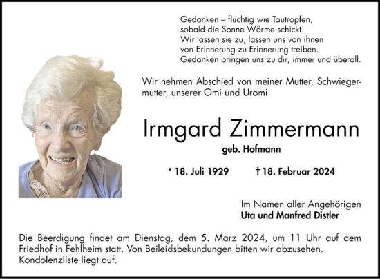 Traueranzeige von Irmgard Zimmermann von Bergsträßer Anzeiger