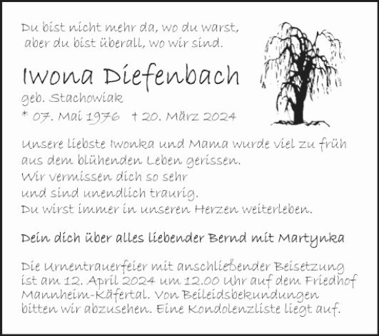 Traueranzeige von Iwona Diefenbach von Mannheimer Morgen