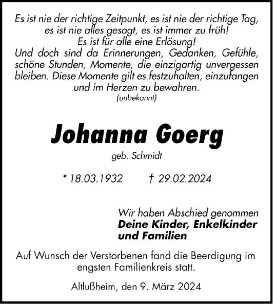  Traueranzeige für Johanna Georg vom 09.03.2024 aus Schwetzinger Zeitung