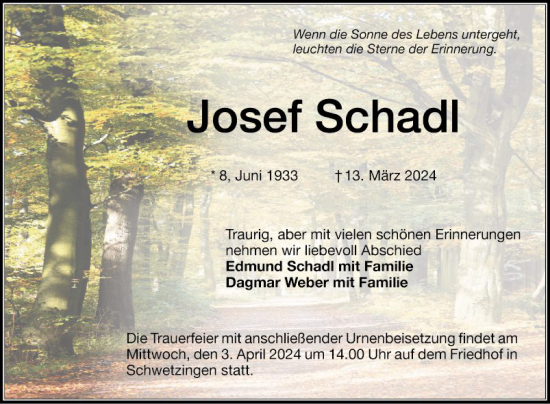 Traueranzeige von Josef Schadl von Schwetzinger Zeitung