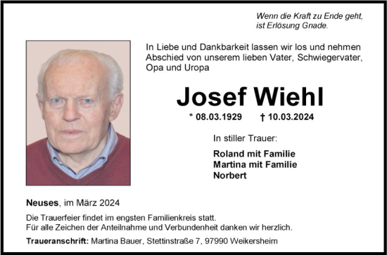 Traueranzeige von Josef Wiehl von Fränkische Nachrichten