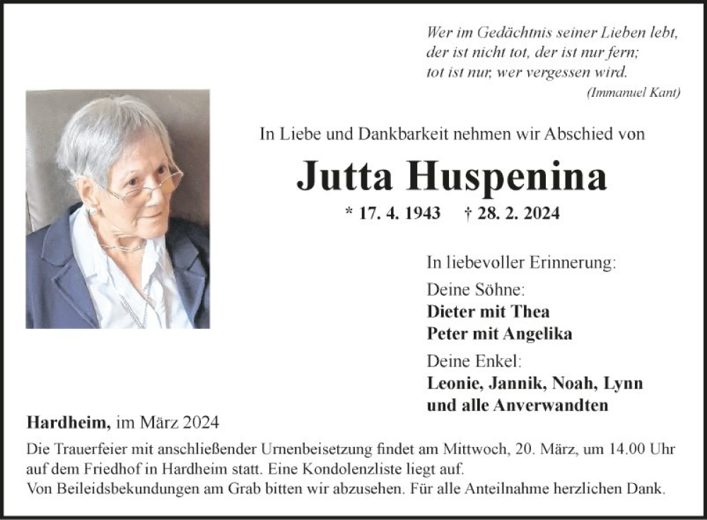  Traueranzeige für Jutta Huspenina vom 16.03.2024 aus Fränkische Nachrichten
