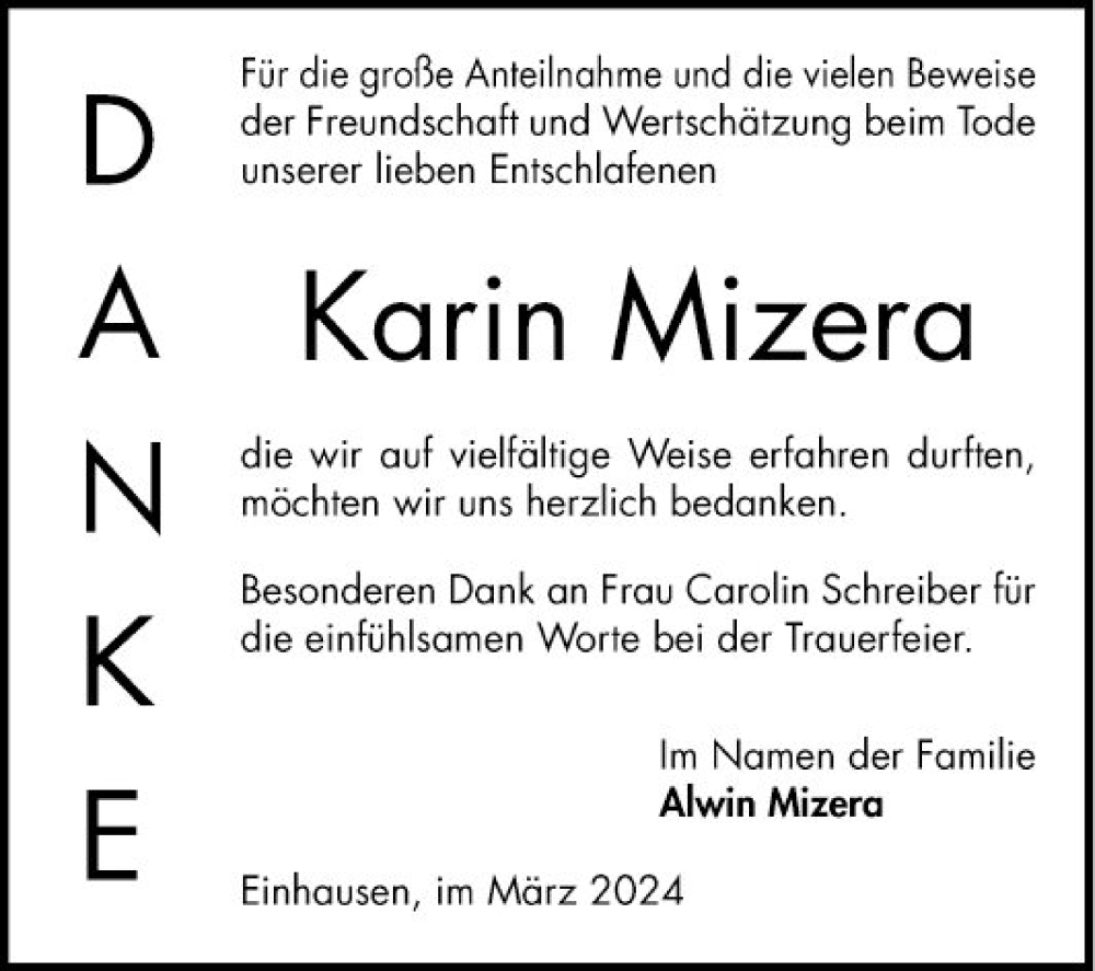  Traueranzeige für Karin Mizera vom 09.03.2024 aus Bergsträßer Anzeiger