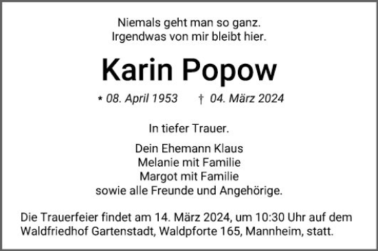 Traueranzeige von Karin Popow von Mannheimer Morgen