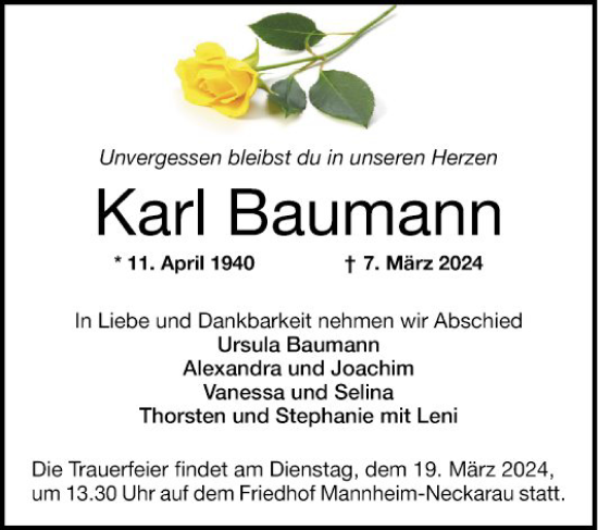 Traueranzeige von Karl Baumann von Mannheimer Morgen