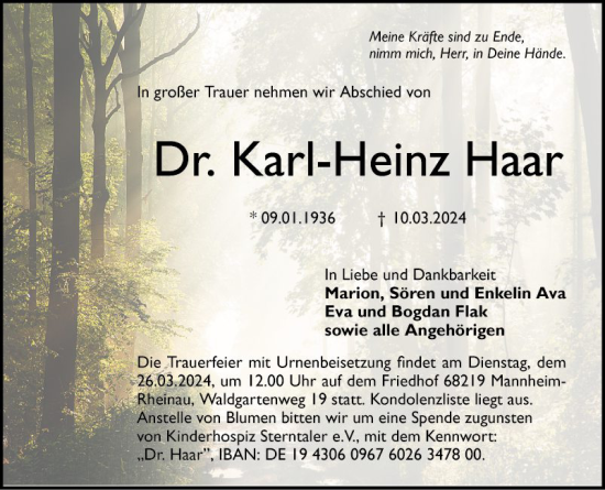 Traueranzeige von Karl-Heinz Haar von Schwetzinger Zeitung