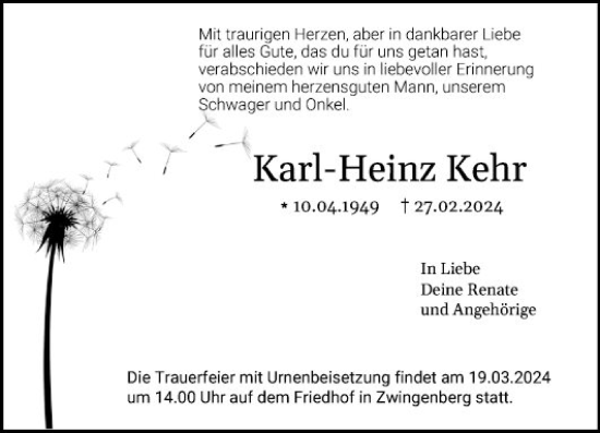 Traueranzeige von Karl-Heinz Kehr von Bergsträßer Anzeiger