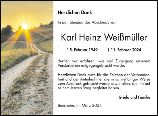 Traueranzeige von Karl Heinz Weißmüller von Bergsträßer Anzeiger