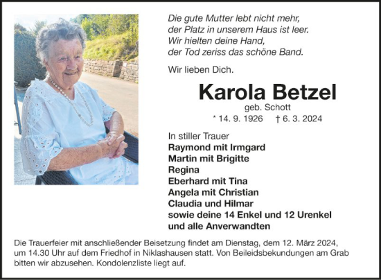 Traueranzeige von Karola Betzel von Fränkische Nachrichten