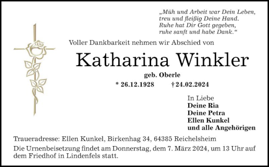 Traueranzeige von Katharina Winkler von Bergsträßer Anzeiger