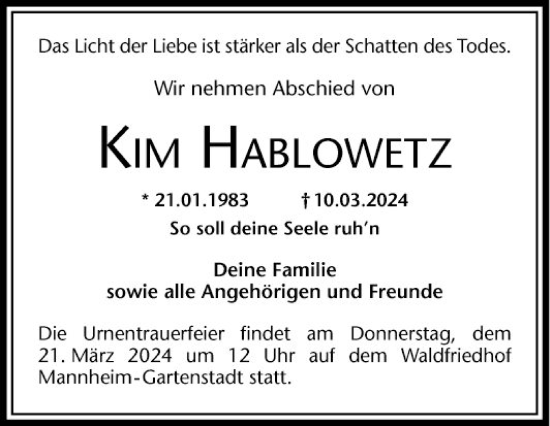 Traueranzeige von Kim Hablowetz von Mannheimer Morgen