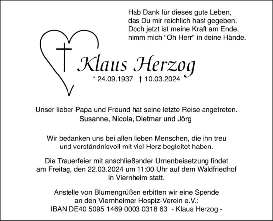 Traueranzeige von Klaus Herzog von Mannheimer Morgen