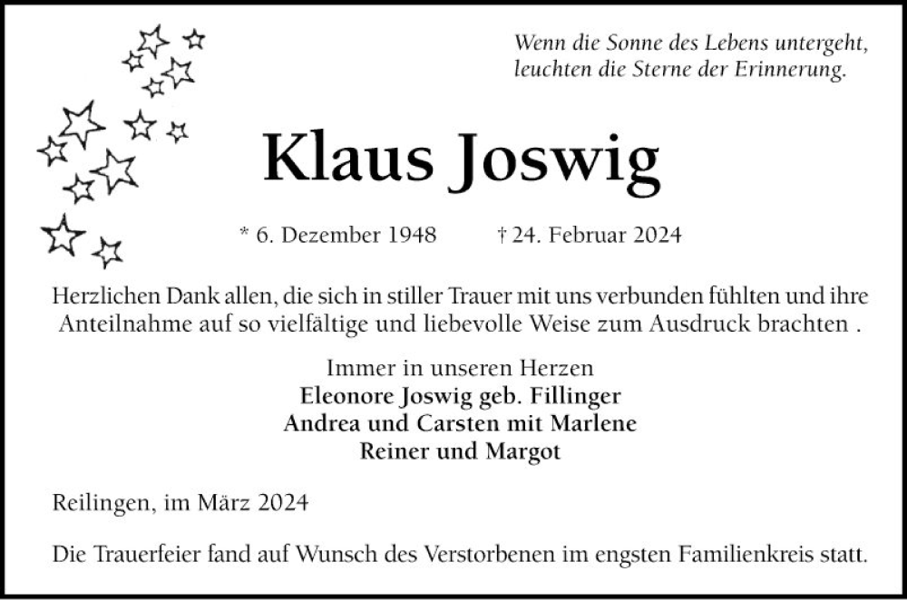  Traueranzeige für Klaus Joswig vom 15.03.2024 aus Schwetzinger Zeitung