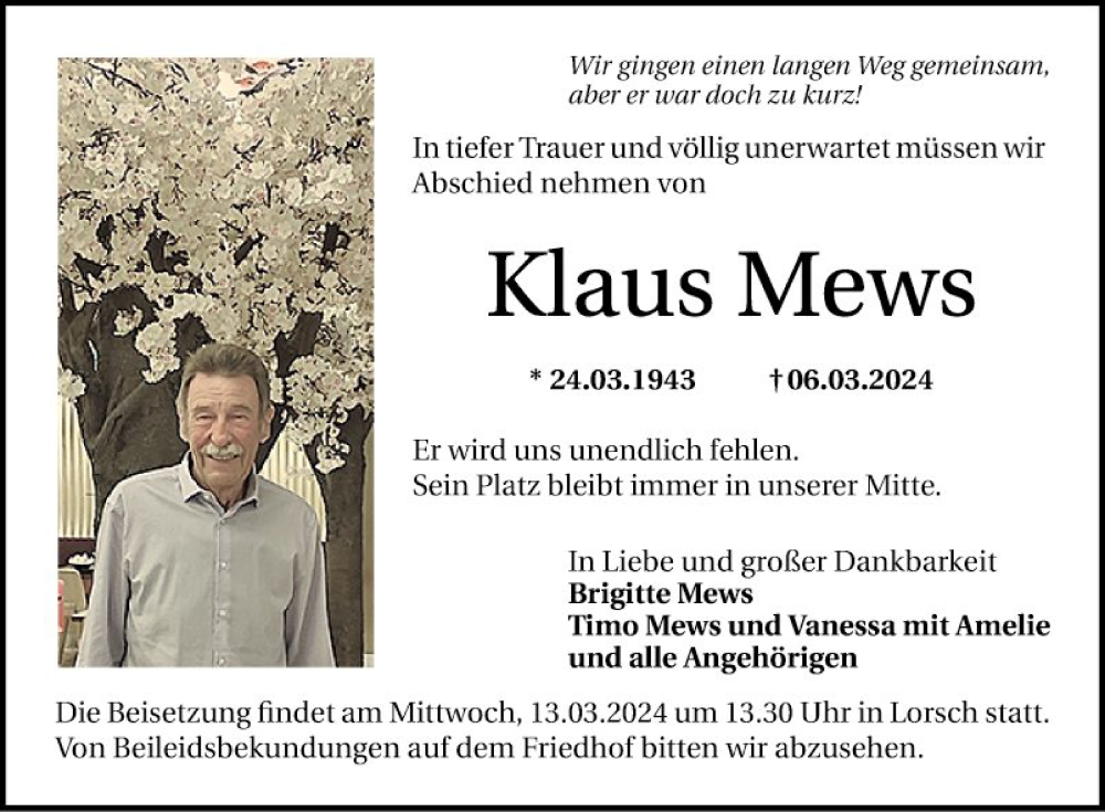  Traueranzeige für Klaus Mews vom 09.03.2024 aus Bergsträßer Anzeiger