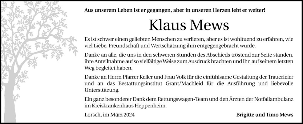  Traueranzeige für Klaus Mews vom 30.03.2024 aus Bergsträßer Anzeiger