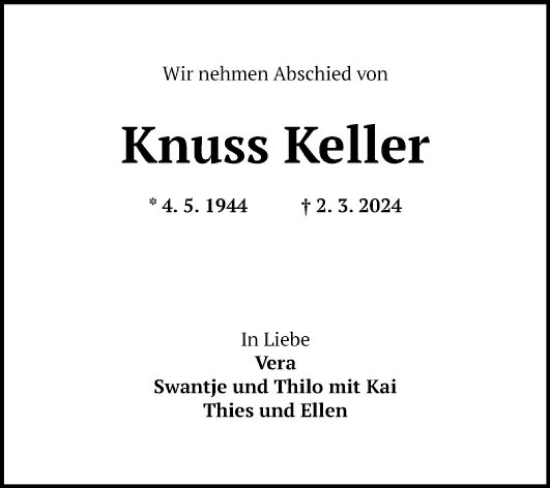 Traueranzeige von Knuss Keller von Mannheimer Morgen
