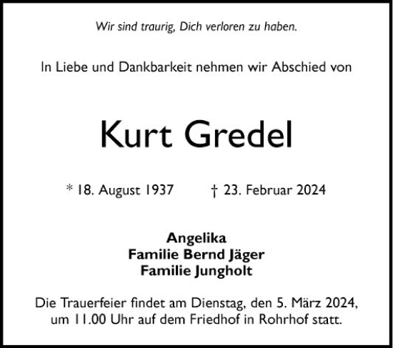 Traueranzeige von Kurt Gredel von Schwetzinger Zeitung