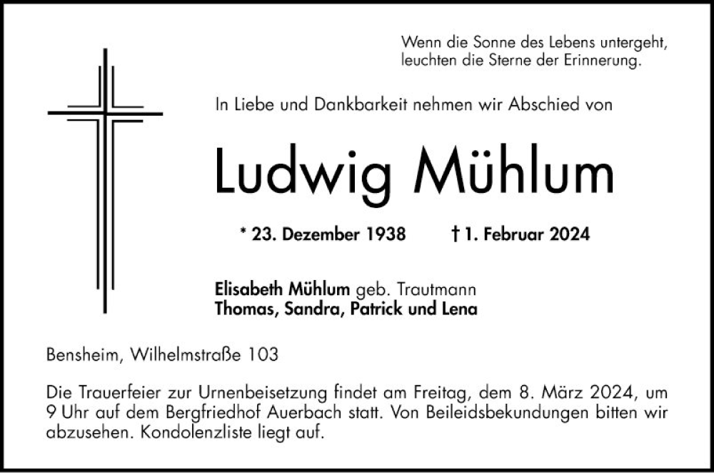  Traueranzeige für Ludwig Mühlum vom 05.03.2024 aus Bergsträßer Anzeiger