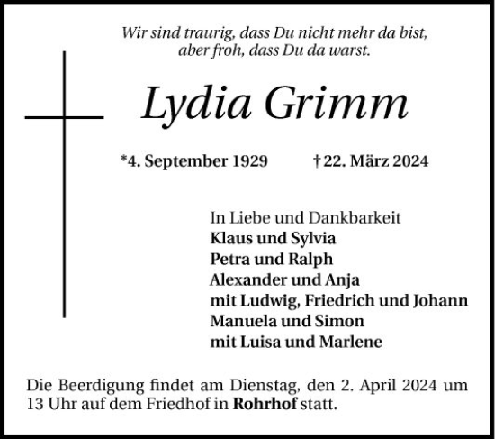 Traueranzeige von Lydia Grimm von Mannheimer Morgen