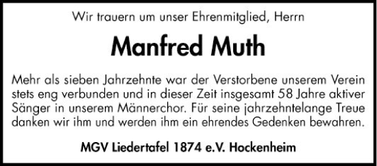 Traueranzeige von Manfred Muth von Schwetzinger Zeitung