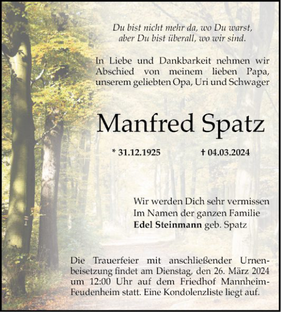 Traueranzeige von Manfred Spatz von Mannheimer Morgen