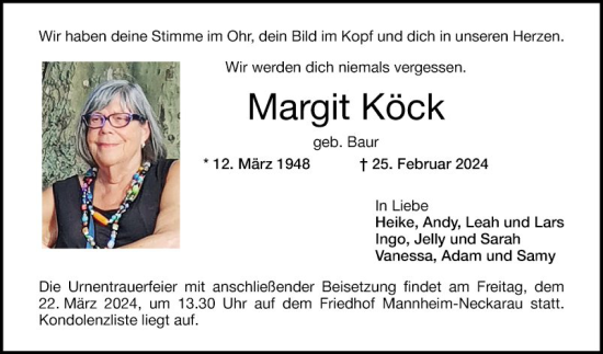 Traueranzeige von Margit Köck von Mannheimer Morgen
