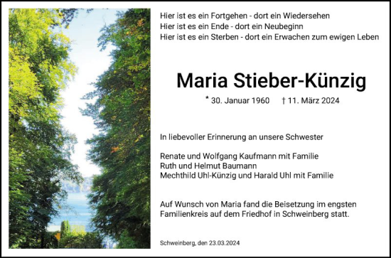 Traueranzeige von Maria Stieber-Künzig von Fränkische Nachrichten