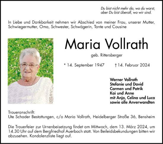 Traueranzeige von Maria Vollrath von Bergsträßer Anzeiger