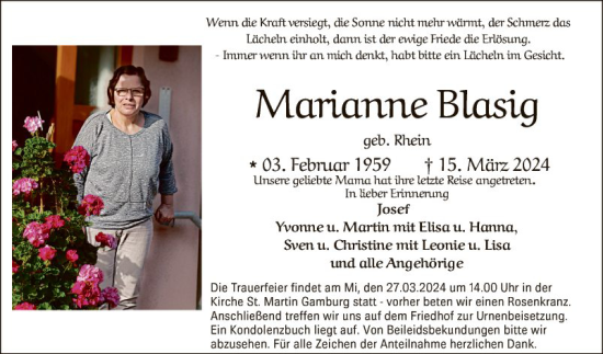 Traueranzeige von Marianne Blasig von Fränkische Nachrichten