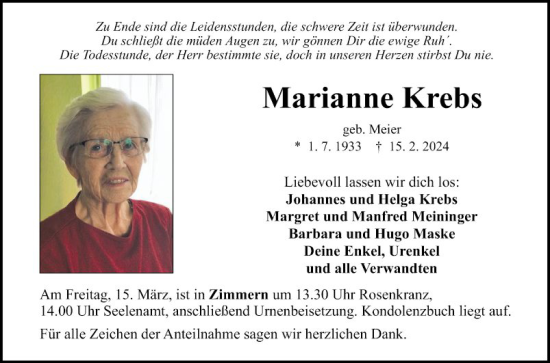 Traueranzeige von Marianne Krebs von Fränkische Nachrichten
