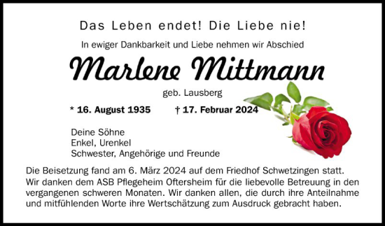 Traueranzeige von Marlene Mittmann von Schwetzinger Zeitung