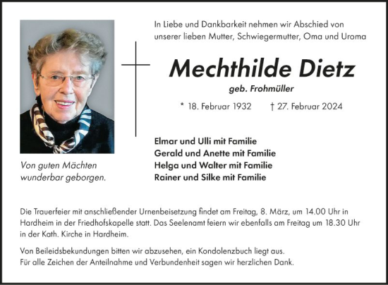 Traueranzeige von Mechthilde Dietz von Fränkische Nachrichten