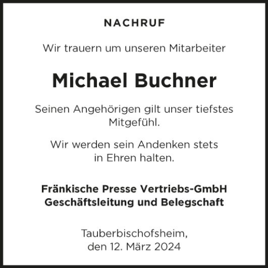 Traueranzeige von Michael Buchner von Fränkische Nachrichten