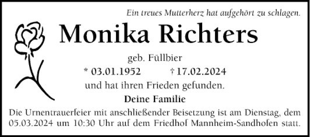  Traueranzeige für Monika Richters vom 02.03.2024 aus Mannheimer Morgen
