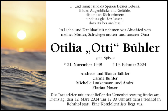 Traueranzeige von Otilia Otti Bühler von Schwetzinger Zeitung