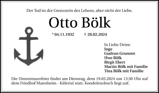 Traueranzeige von Otto Bölk von Mannheimer Morgen