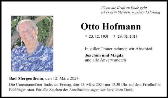 Traueranzeige von Otto Hofmann von Fränkische Nachrichten