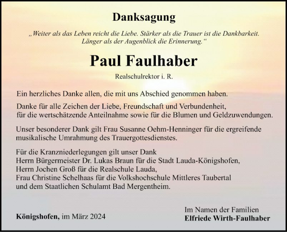  Traueranzeige für Paul Faulhaber vom 09.03.2024 aus Fränkische Nachrichten