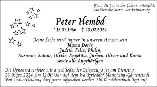 Traueranzeige von Peter Hembd von Mannheimer Morgen