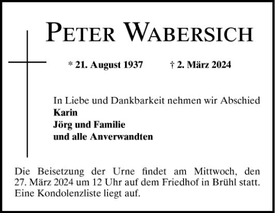 Traueranzeige von Peter Wabersich von Bergsträßer Anzeiger
