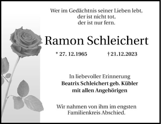 Traueranzeige von Ramon Schleichert von Mannheimer Morgen