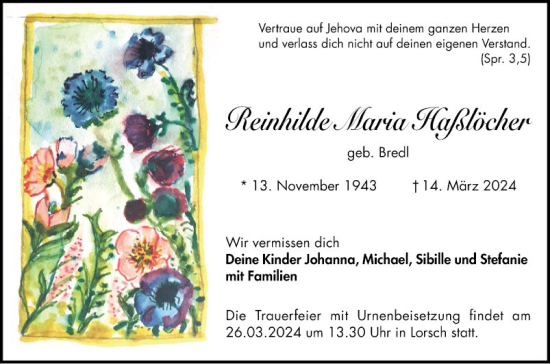 Traueranzeige von Reinhilde Maria Haßlöcher von Bergsträßer Anzeiger