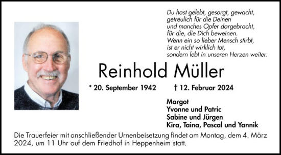 Traueranzeige von Reinhold Müller von Bergsträßer Anzeiger